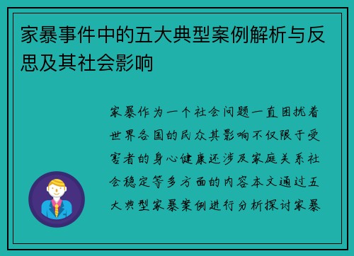 家暴事件中的五大典型案例解析与反思及其社会影响