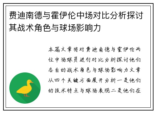 费迪南德与霍伊伦中场对比分析探讨其战术角色与球场影响力