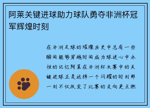 阿莱关键进球助力球队勇夺非洲杯冠军辉煌时刻