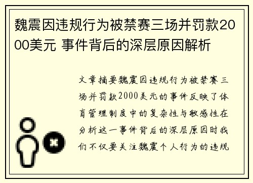 魏震因违规行为被禁赛三场并罚款2000美元 事件背后的深层原因解析 魏震因违规行为被禁赛三场并罚款2000美元 事件背后的深层原因解析